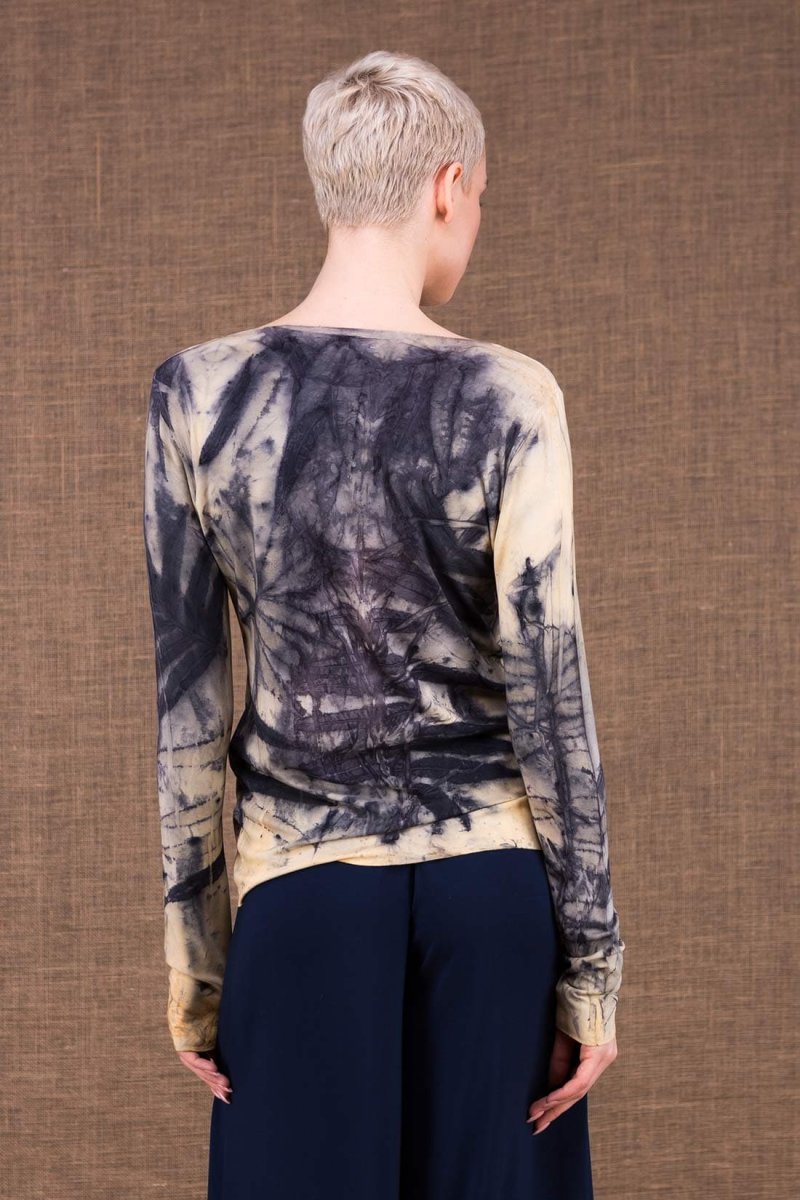 T-shirt bleu beige manches longue pour femme en jersey de viscose imprimé SAFARI – Image 5