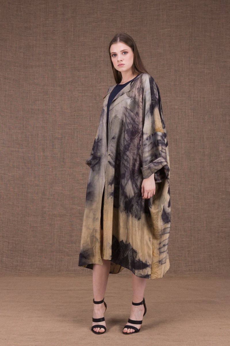 Beige blue printed silk kimono dress SUMAK