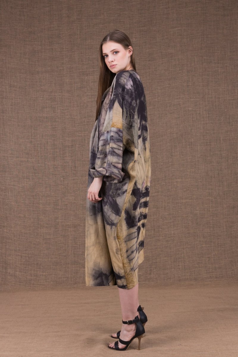 Beige blue printed silk kimono dress SUMAK – Image 3