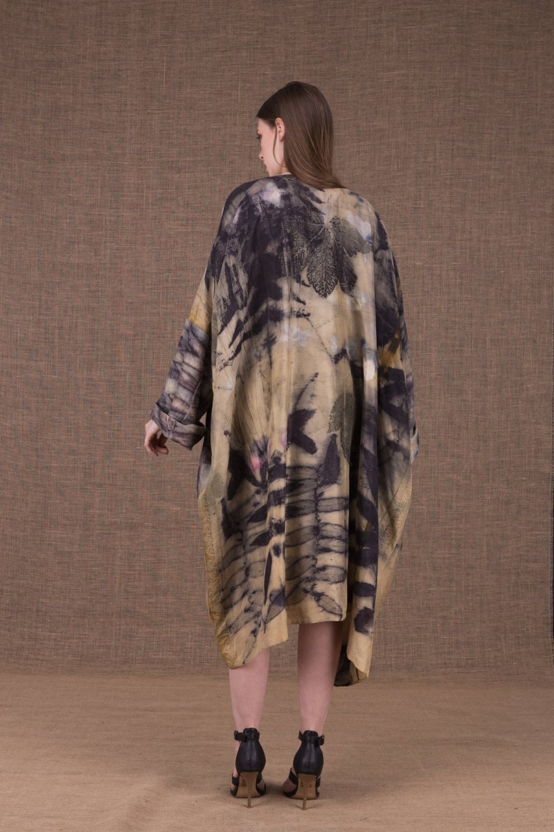 Beige blue printed silk kimono dress SUMAK – Image 4