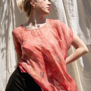 Hand-printed pink silk t-shirt ROSE