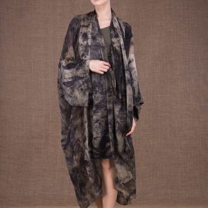 Grey blue sumac leaf pattern printed satin silk kimono-dress TROPICAL