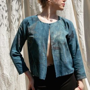 Hand-printed duck blue short jacket in organic cotton ZEFIR