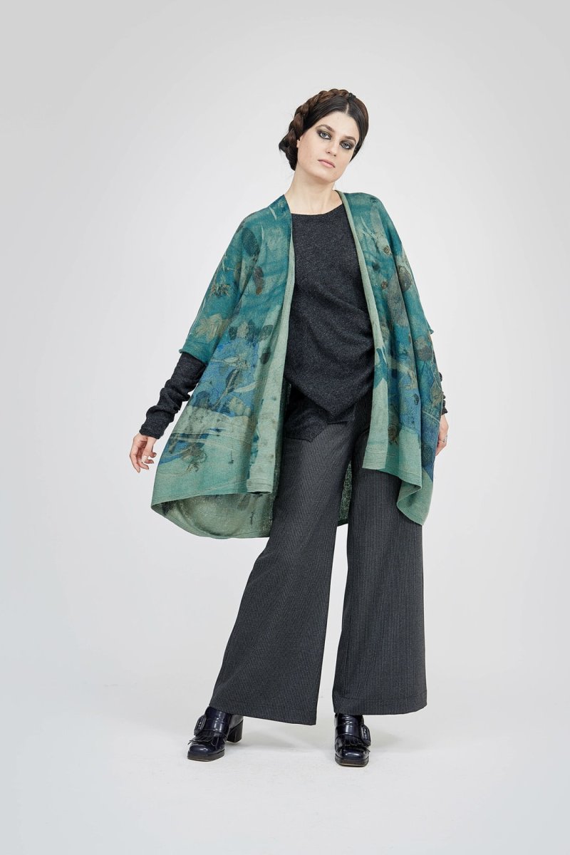 Veste kimono vert pour femme en laine imprimée ISADORA – Image 4