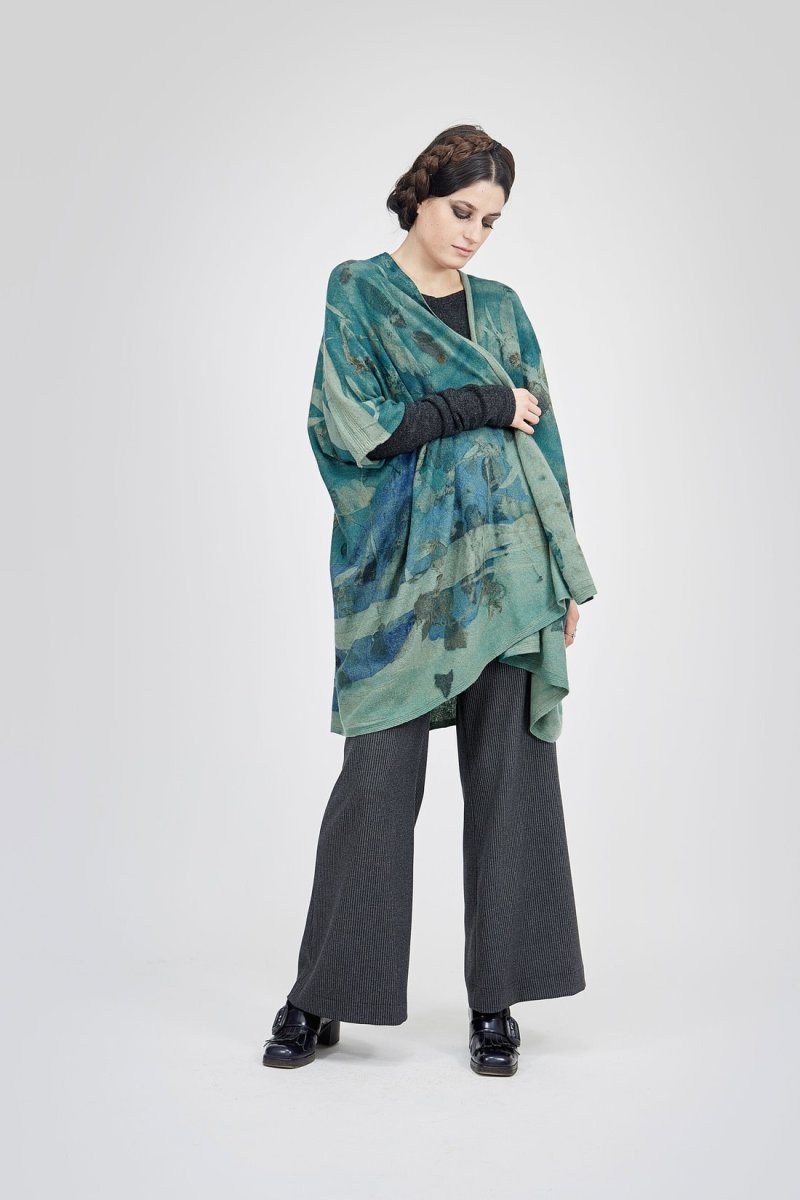 Veste kimono vert pour femme en laine imprimée ISADORA – Image 5