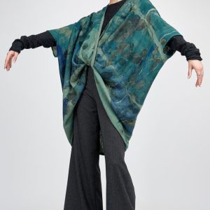 Veste kimono vert pour femme en laine imprimée ISADORA