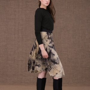 Beige black mid length flared printed viscose jersey skirt VIKA