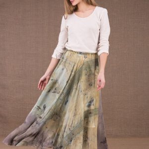Beige long loose printed silk and organic cotton skirt WANDA