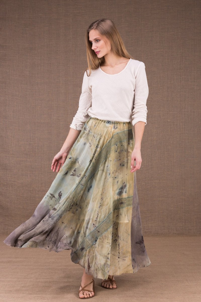 Beige long loose printed silk and organic cotton skirt WANDA