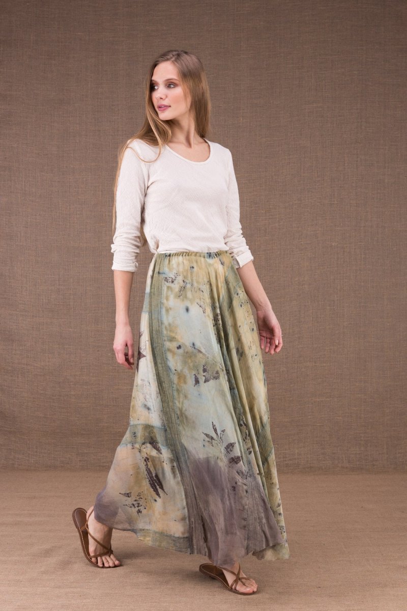 Beige long loose printed silk and organic cotton skirt WANDA – Image 3