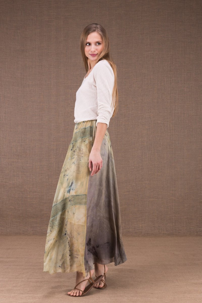 Beige long loose printed silk and organic cotton skirt WANDA – Image 4
