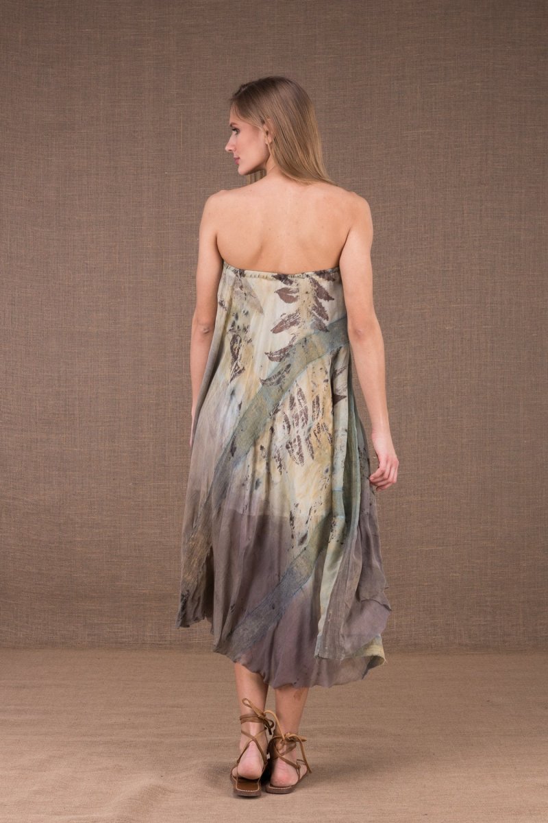 Robe kaki évasée mi longue en soie et coton bio imprimé WANDA – Image 6