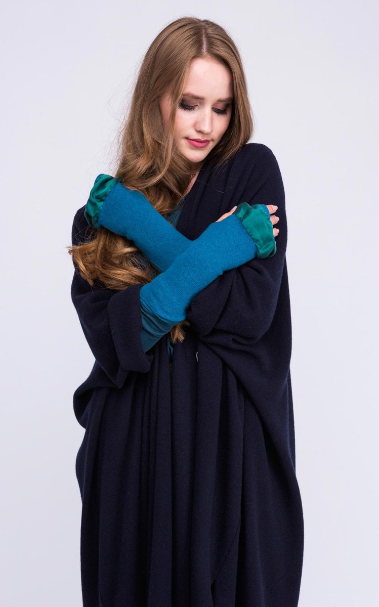 Mitaines bleu canard en laine et soie pour femme BIJOU – Image 3