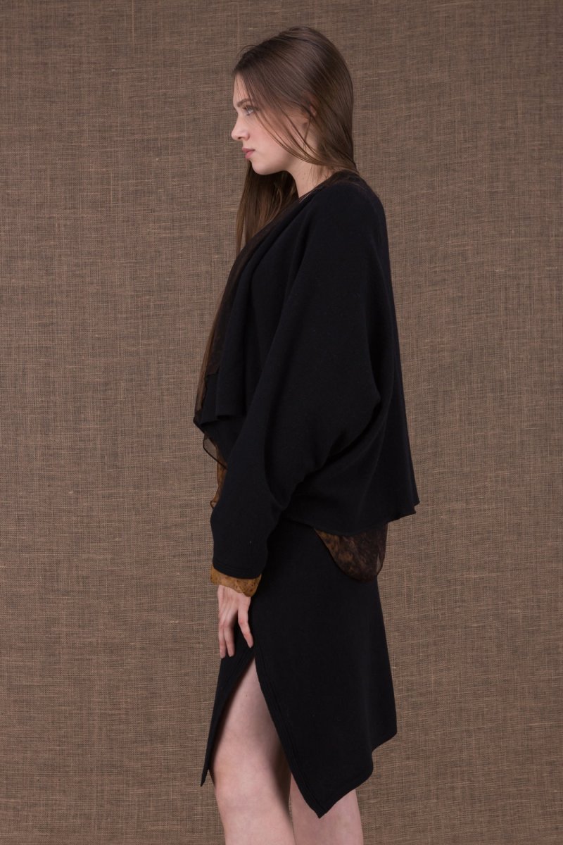 Veste kimono noir jaune large pour femme en laine et soie YULONG – Image 5