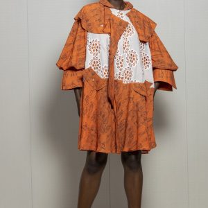 Robe baladeuse mi-genoux imprimé tissu wafa avec dentelle