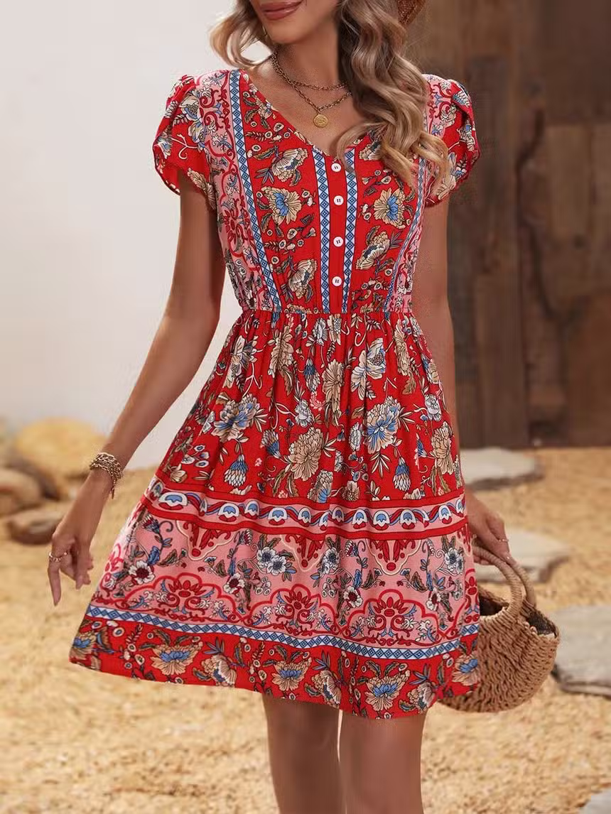 Robe Bohème Courte Rouge – Image 3