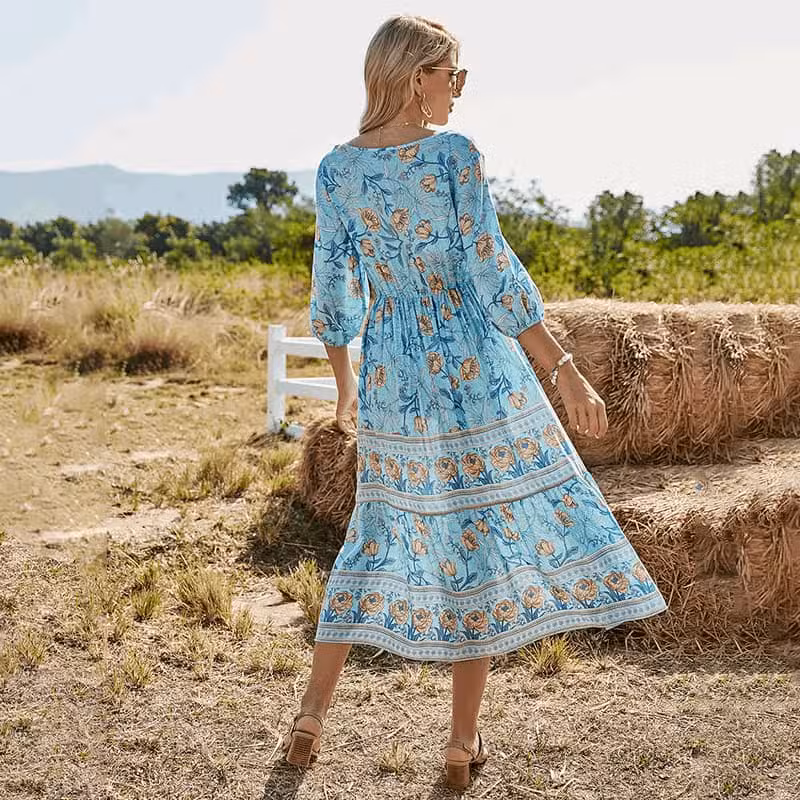 Robe Champêtre Bleue Longue Motifs Floraux