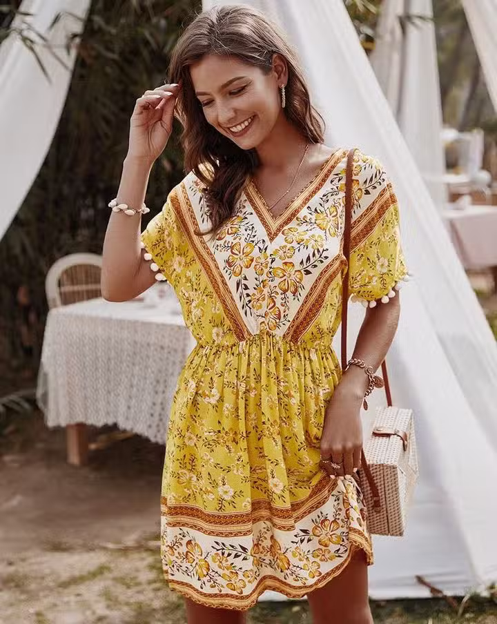 Robe Hippie Indienne Fleur Moutarde