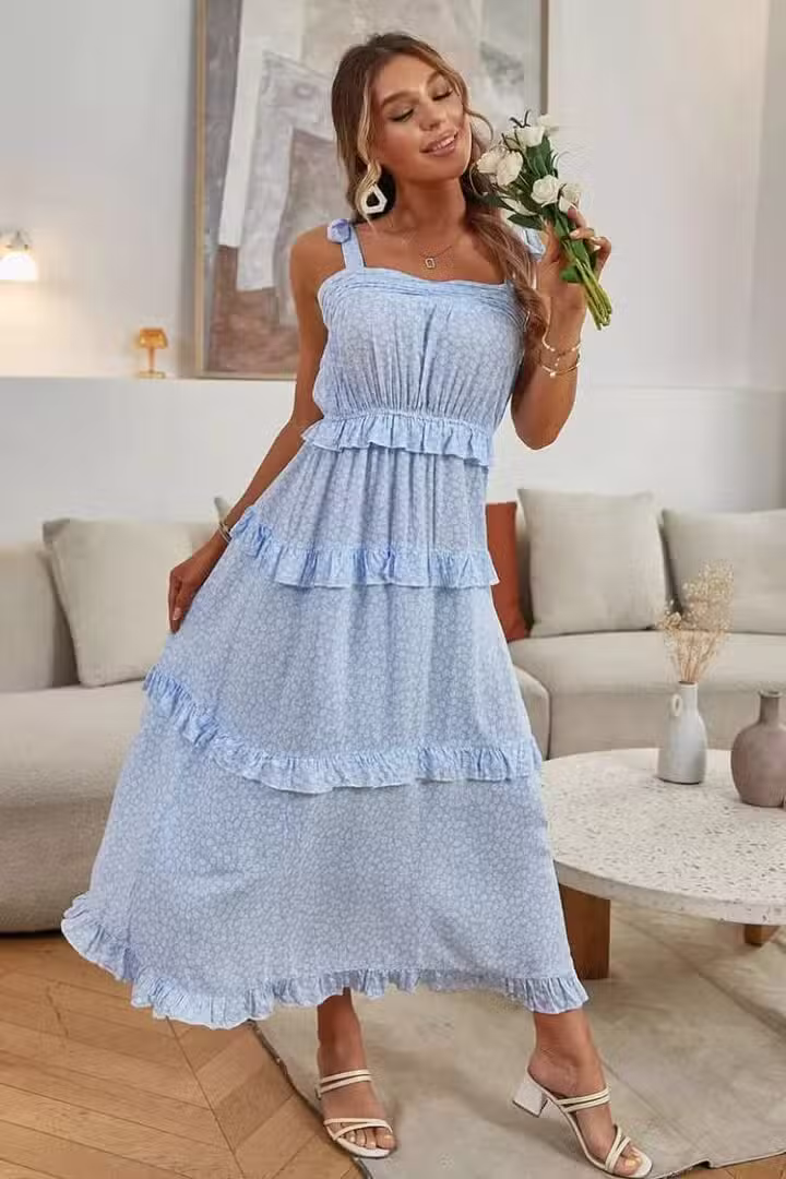 Robe Invité Mariage Champêtre Bleu Motif