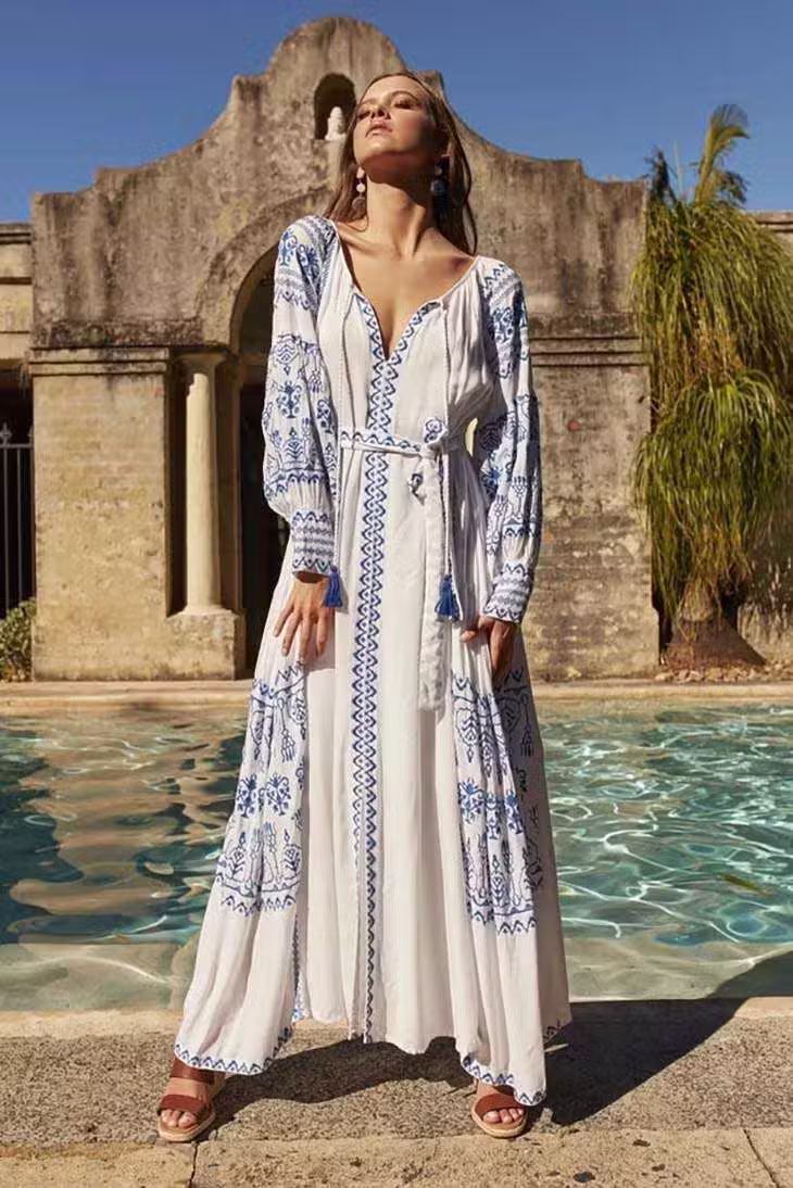Robe Longue Bohème Bleue Et Blanche