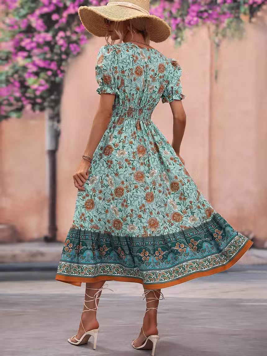 Robe Longue Bohème Fleurie Verte – Image 7