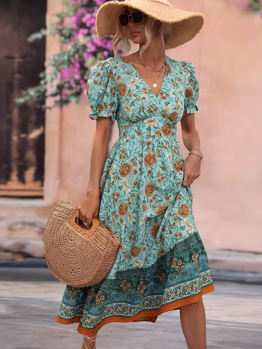 Robe Longue Bohème Fleurie Verte – Image 3