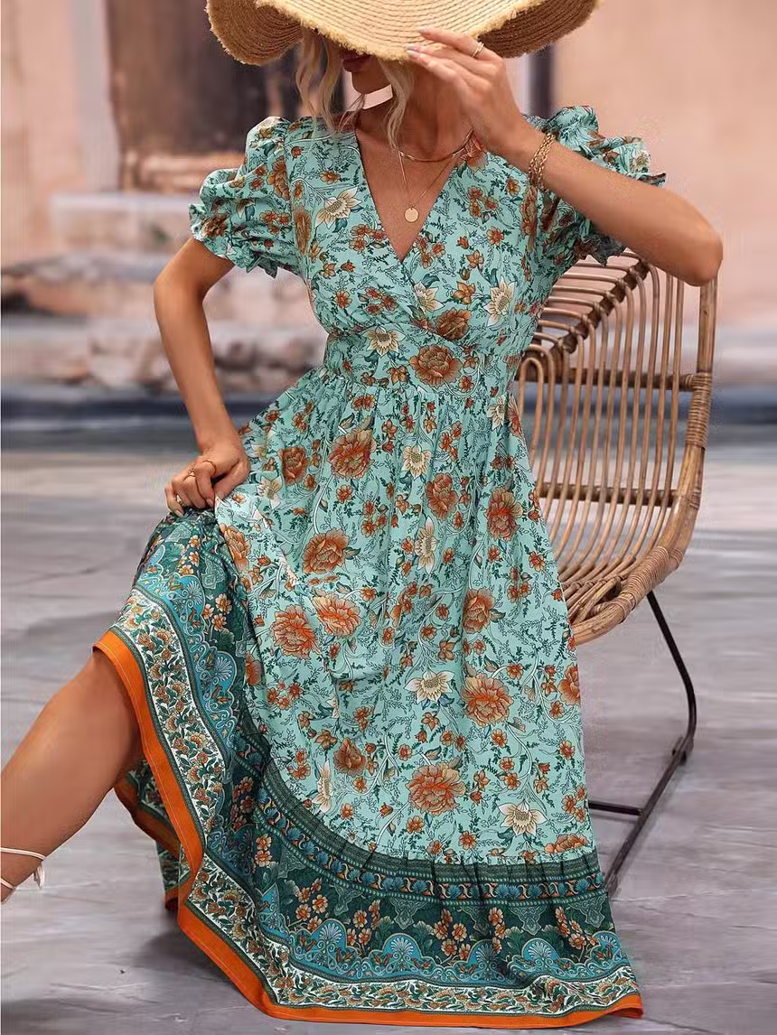 Robe Longue Bohème Fleurie Verte – Image 2