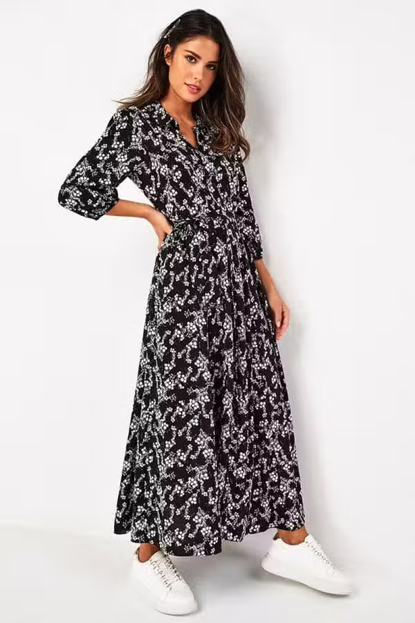 Robe Longue Chemise Fleurie Noire